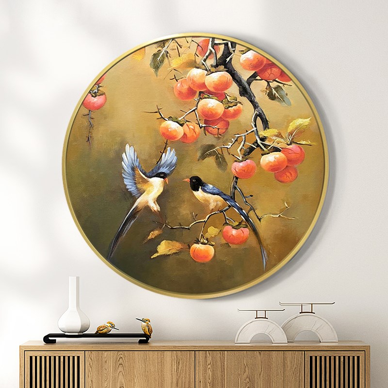 柿子手绘油画新中式花鸟圆形玄关装饰画客厅餐厅挂画壁画事事如意图片