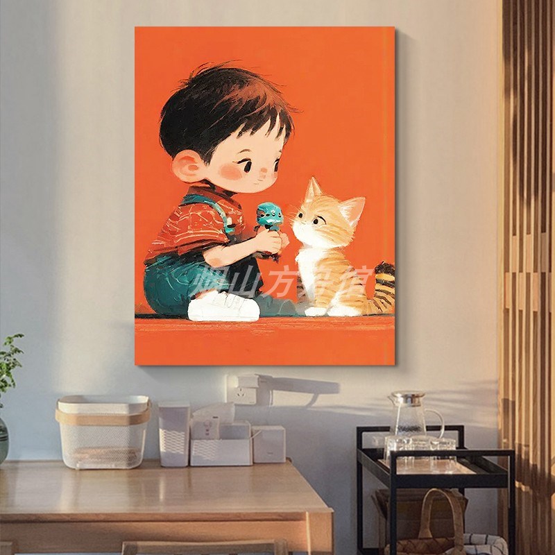 玄关抽象人物手绘油画客厅卡通猫咪小众艺术挂画男孩儿童房装饰画图片
