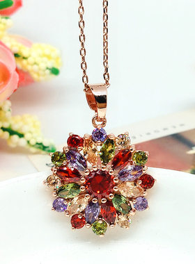 水晶七彩钻项链 韩国时尚花朵镶钻超闪锆石吊坠短款锁骨链配饰女