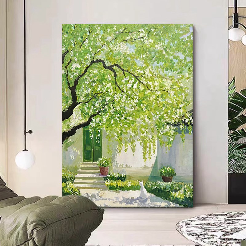 绿色大树纯手绘油画抽象田园风客厅餐桌装饰画立体肌理玄关挂画图片