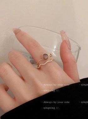 法式中古锆石开口戒指2024年新款潮轻奢小众设计感指环气质手饰女