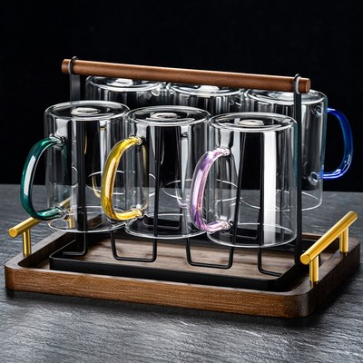 玻璃茶杯套装6只客厅泡绿茶杯子家用喝水一家人区分水杯带把