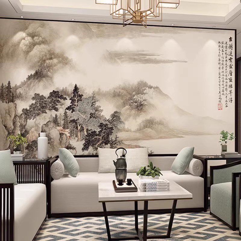 现代新中式壁画沙发电视背景墙壁纸墙布客厅书房无缝山水国画墙纸