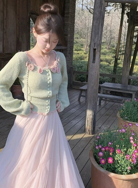 Y.JIA 伊嘉-开衫+粉色网纱蓬蓬半身裙套装(不配任何配件)Y26-1113