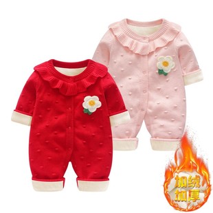 女童秋冬针织连体衣婴儿冬装加绒加厚哈衣女宝宝毛衣套装外套衣服