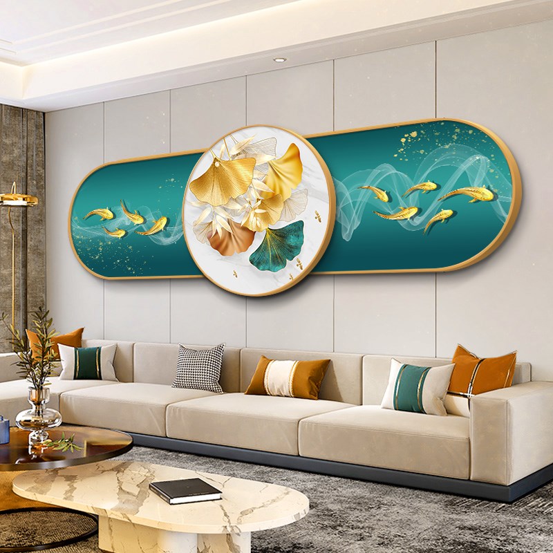 新中式圆形装饰画客厅轻奢大气沙发卧室背景墙壁画九鱼图床头挂画图片