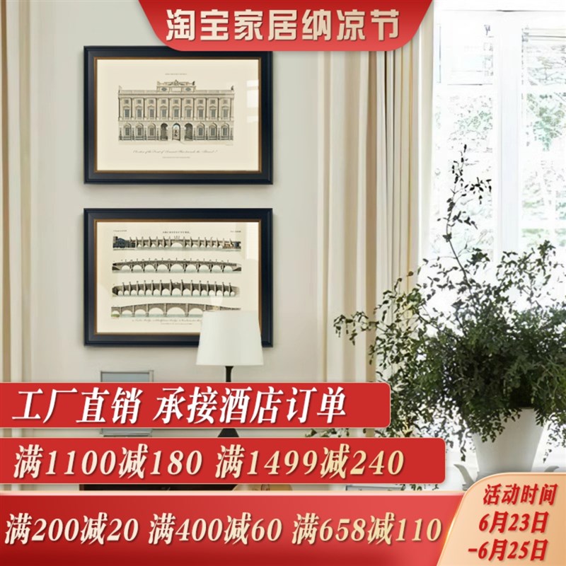 美式卧室床头装饰画欧式复古玄关边柜挂画黑白建筑酒店艺术墙壁画图片