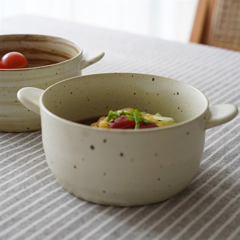 然而家 日式粗陶双耳汤碗手作日式复古面碗圆形甜品水果碗盘家用