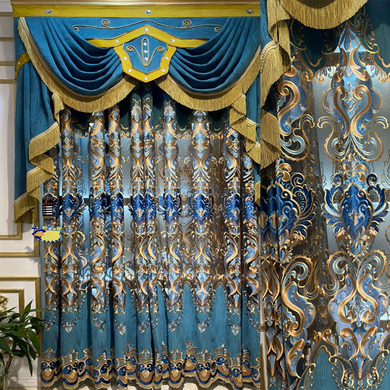 2021新款奢华欧式蓝色雪尼尔绣花窗帘客厅书房卧室飘窗落地窗成品