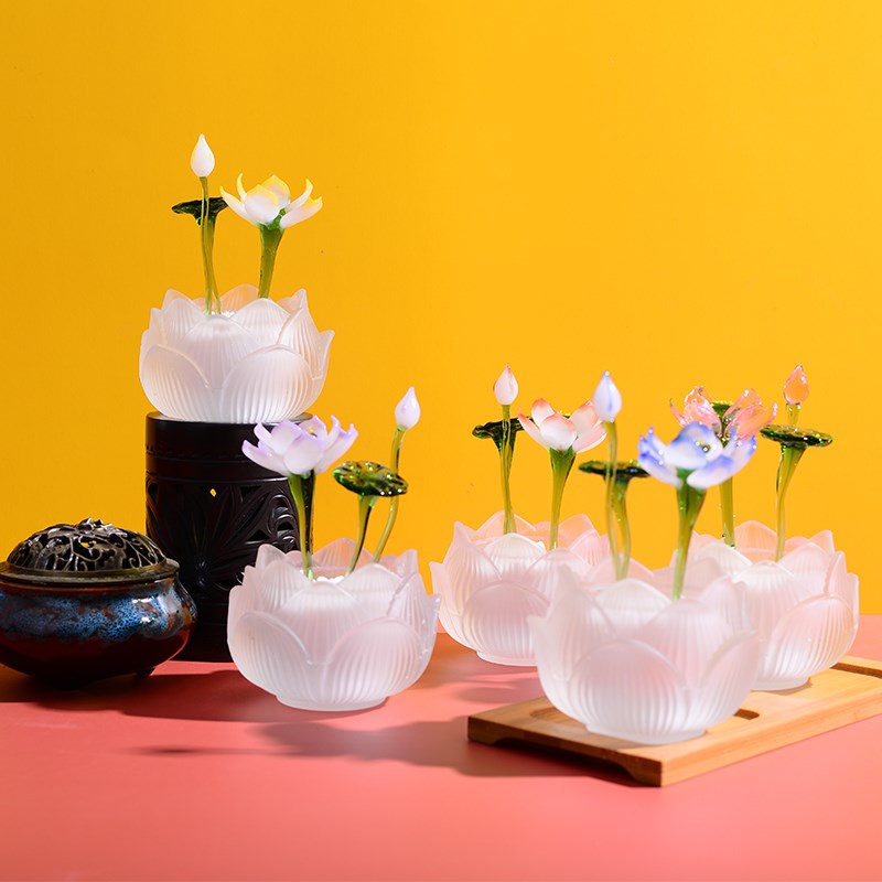 淄博琉璃盆栽荷花桌面家居装饰中国古风艺术品创意礼品