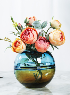 彩色玻璃花瓶摆件现代简约客厅样板房餐桌花瓶插花可蓄水装饰摆设