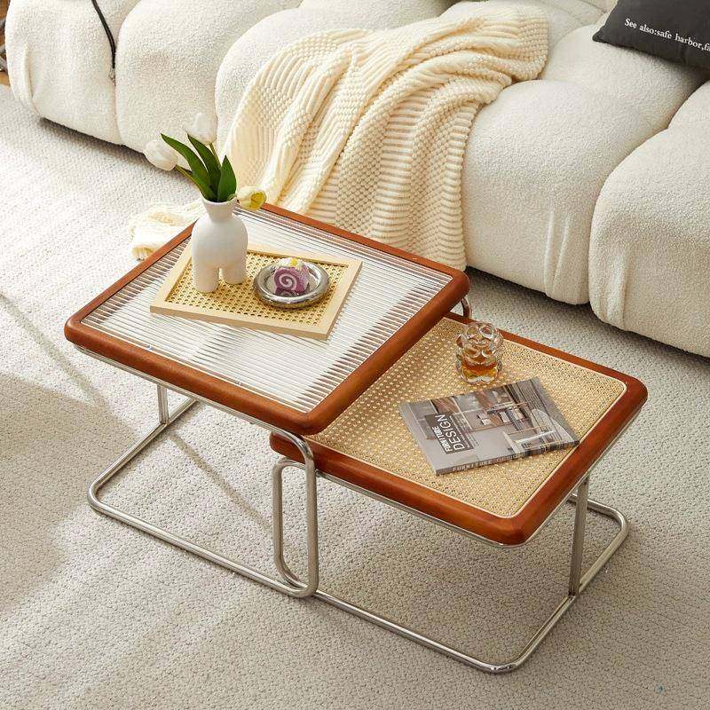 家用小户型玻璃边几客厅不锈钢子母方桌组合复古网红藤编中古茶几,居家布艺,入户地垫,淘宝优惠券,粉丝福利购,淘宝优惠卷