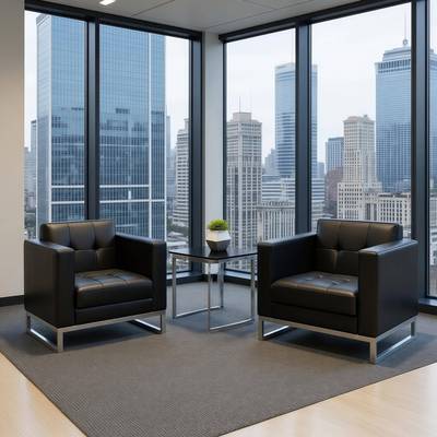 黑色沙发西皮办公室客户接待休息室公司小型两个单人沙发中间茶几