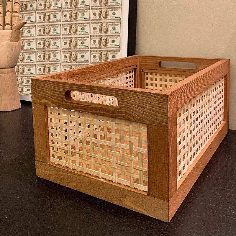 桌面复古收纳筐篮子竹编仿藤编实木收纳盒日式木质长方形置物架跨