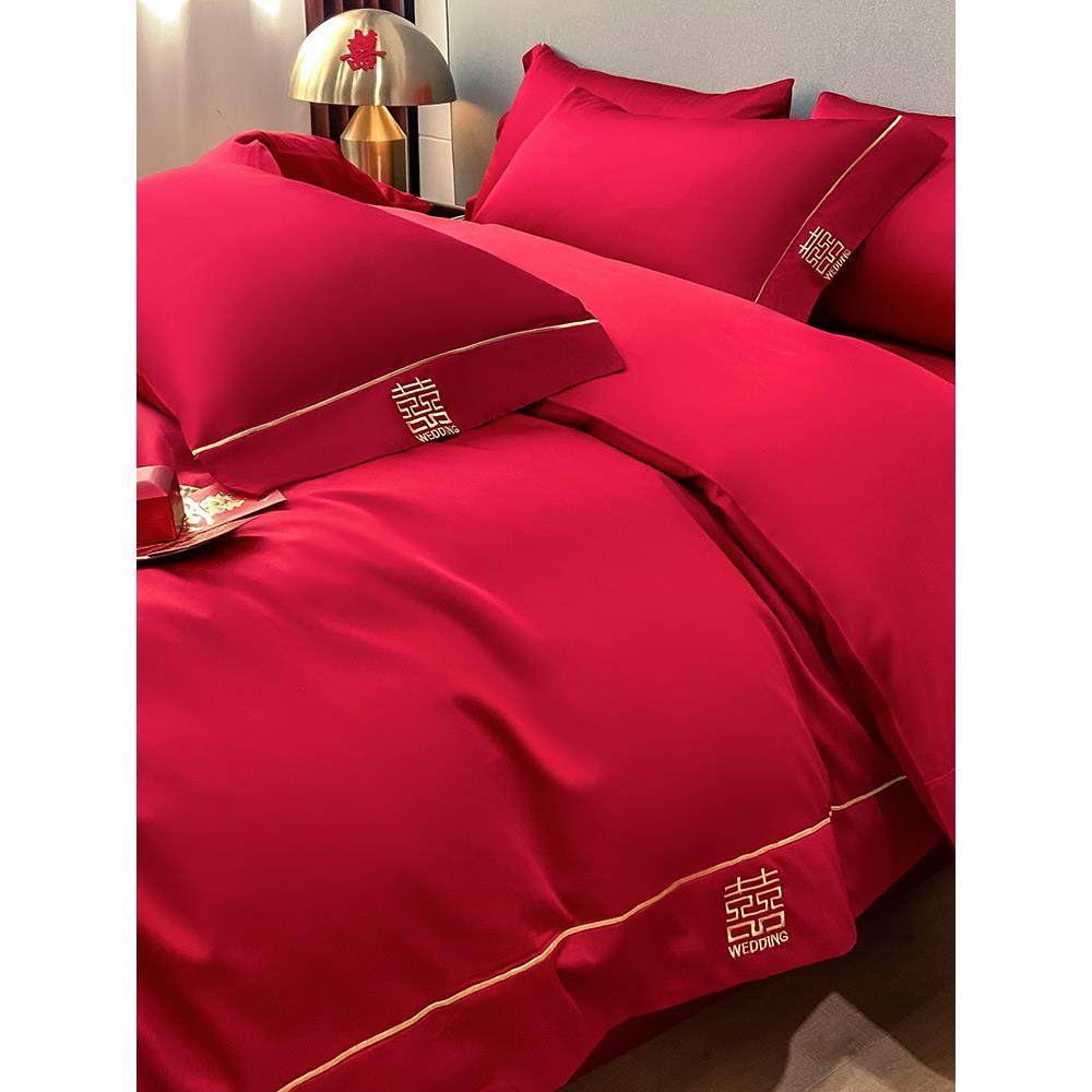 简约婚庆四件套大红色结婚喜字刺绣棉被套床单喜嫁床上用,居家布艺,入户地垫,淘宝优惠券,粉丝福利购,淘宝优惠卷