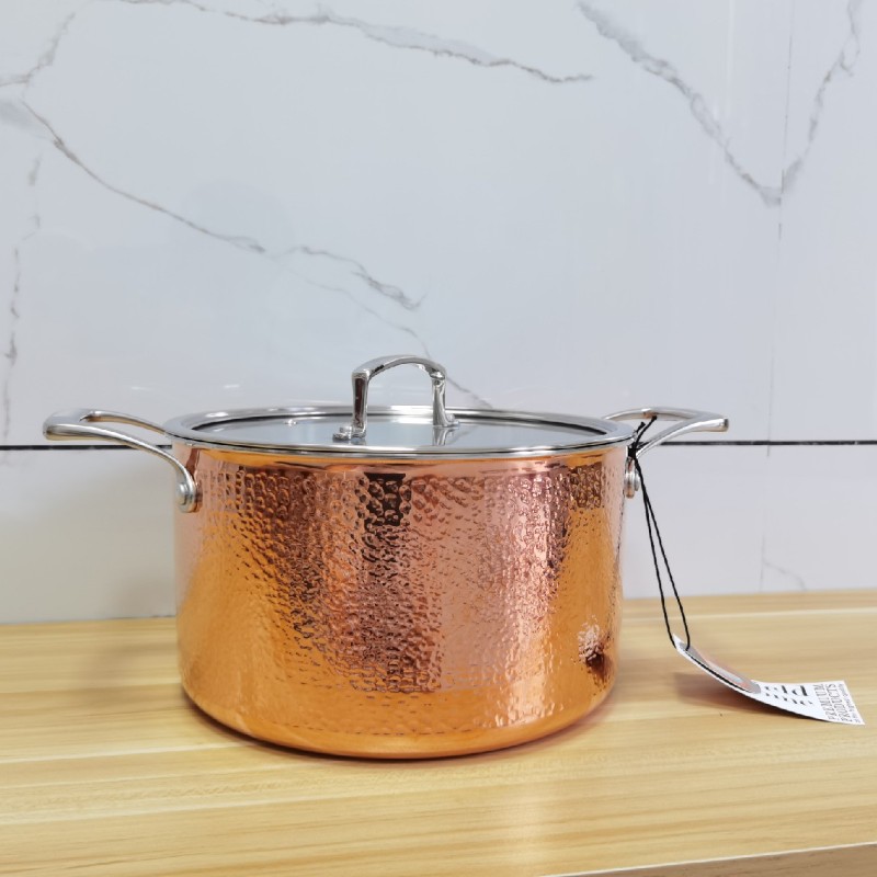 304不锈钢双耳汤锅加厚三层钢锤纹铜锅24cm煮锅一体成型汤煲