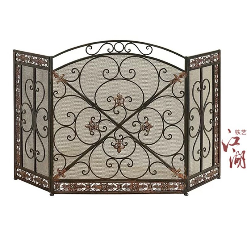 客厅欧式壁炉屏风防火栏壁炉芯嵌入式带网铁艺隔断镂空装饰壁炉架