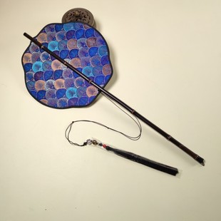 蓝色鱼鳞纹腰扇紫竹长柄可旋转可折叠便携卷曲扇子古风国汉服团扇