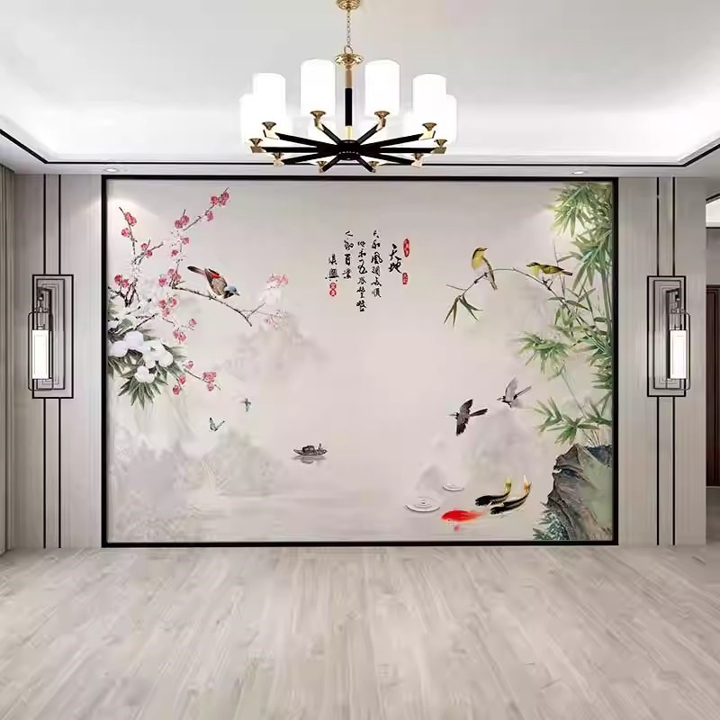 8d中式牡丹花鸟壁纸电视背景墙壁画沙发卧室书法墙纸无缝刺绣墙布