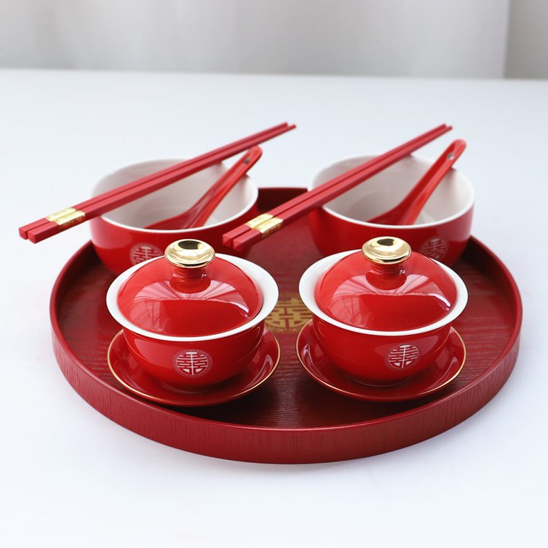 一对敬茶杯套装红色茶碗盖碗茶杯茶碗新结婚喜碗口敬对陪嫁改人碗