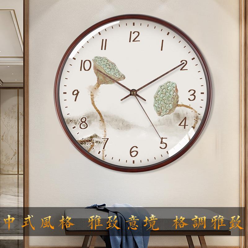 TQJ实木静音免打孔挂钟客厅家用时尚时钟挂墙新中式电波石英钟表