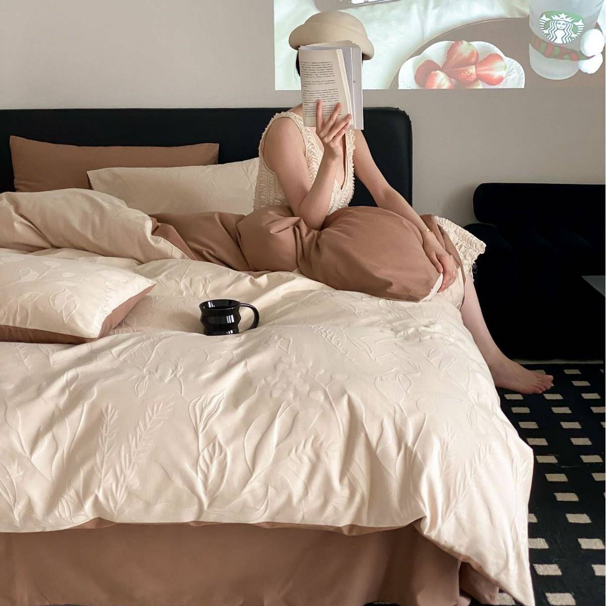 小众风格丨小清新A类全棉提花磨毛四件套高级感加厚纯棉床单被套4