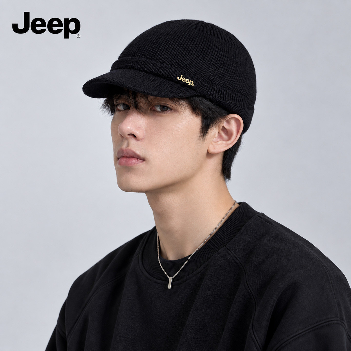 jeep吉普冬季针织纯色马术帽子男户外骑行短檐鸭舌帽简约毛线帽潮