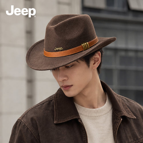 jeep吉普秋冬复古平檐毛呢爵士帽