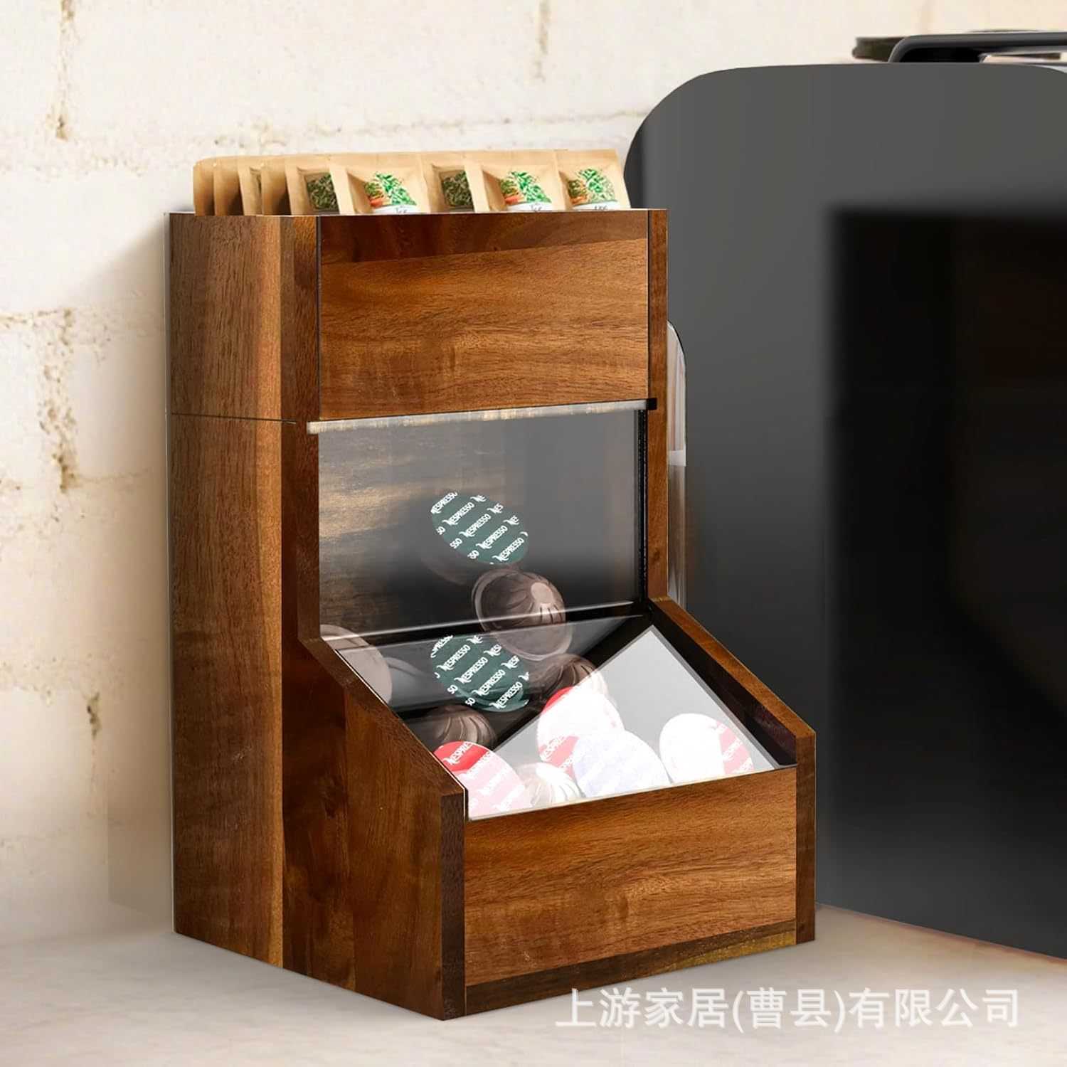 木质咖啡胶囊存储盒茶桌咖啡包茶包收纳双层纸杯架创意实木收纳盒