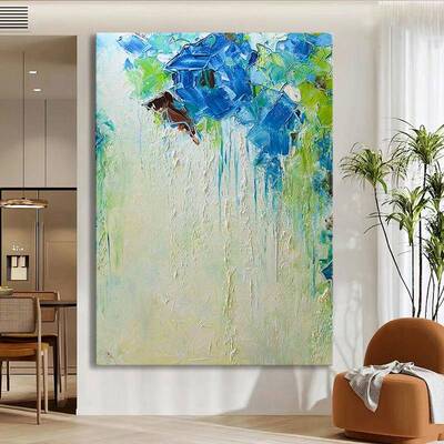 客厅极简蓝色厚肌理画玄关抽象赵无极纯手绘油画立体砂岩装饰挂画