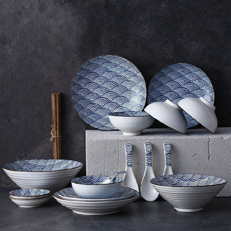 碗碟套装 家用1/2/4人日式釉下彩海波纹整套陶瓷餐具饭碗菜盘组合