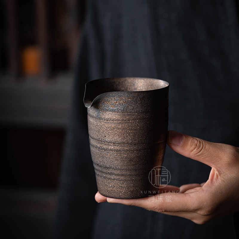 古铜釉粗陶公道杯复古风茶海鎏金铁锈釉分茶杯匀杯陶瓷功夫茶具