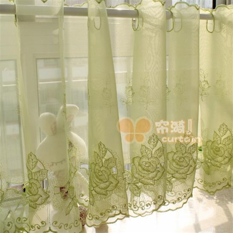 绿色玫瑰镂空咖啡帘半帘成品厨房小短帘穿杆隔断帘帘门帘窗纱