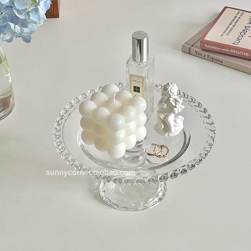 ns风透明玻璃爱心珠点高脚香薰托盘蛋糕水果展示收纳盘摆件,家居饰品,香薰托盘,淘宝优惠券,粉丝福利购,淘宝优惠卷