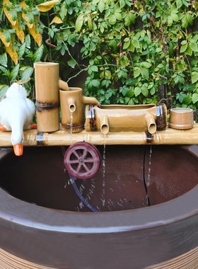 陶瓷圆形鱼缸造景循环流水器摆件过滤增氧仿竹子竹筒搭配