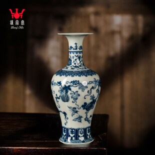 钟瓷窑仿古青花家花瓶陶瓷客厅摆件高档手绘柴瓷新中式窑瓶
