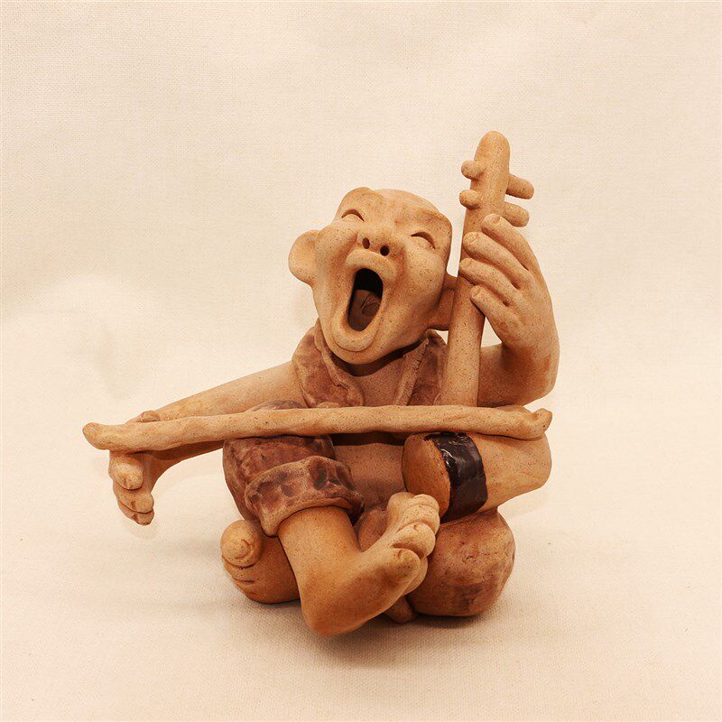 手工陶艺人物摆件 陶瓷人物 陶土摆件  酒店装饰 粗陶人物 拉二胡