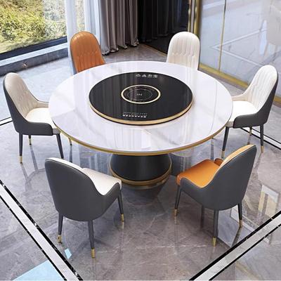 2024款岩板餐桌家用大理石圆桌转盘电动火锅电磁炉加热保温暖菜板