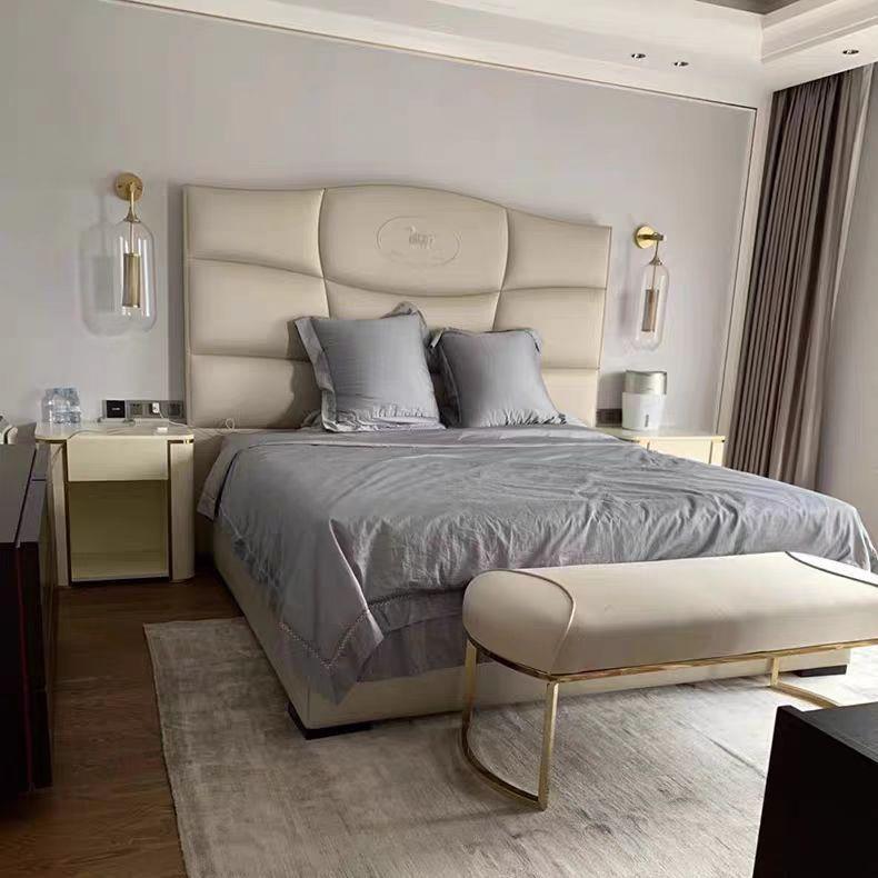 意式轻奢双人床真皮主卧大床高背布艺床别墅豪宅现代简约设计师高