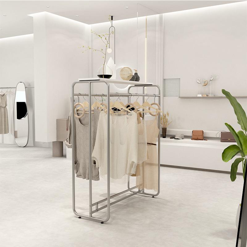 服装店展示架女装店简约中岛落地式挂衣架不锈钢带板银色陈列货架