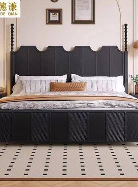 美式实木床黑色复古风1.8m双人大主卧法式1.5m简约轻奢婚床纯实木
