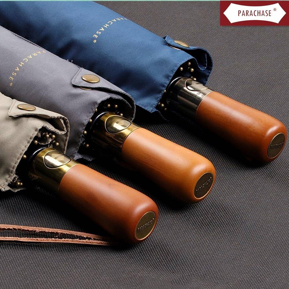 PARACHASE全自动雨伞三折叠十骨双层加大防风商务广告晴雨伞