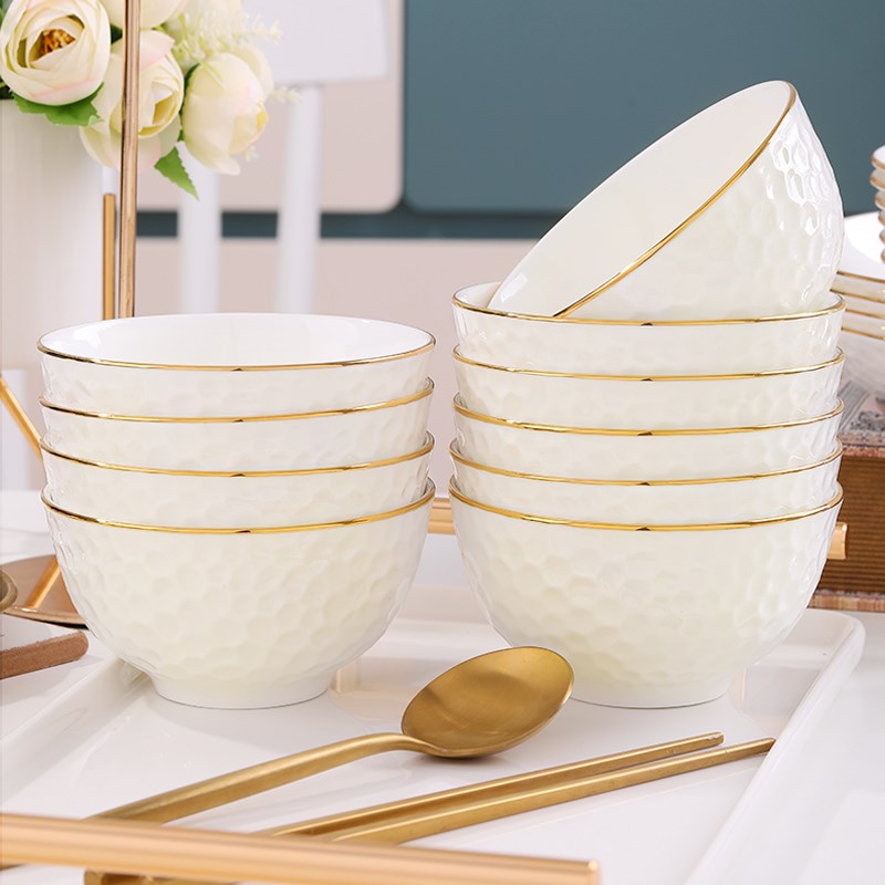碗家用饭碗10个装2024新款轻奢金边餐具加厚碗碟套装陶瓷面碗汤碗