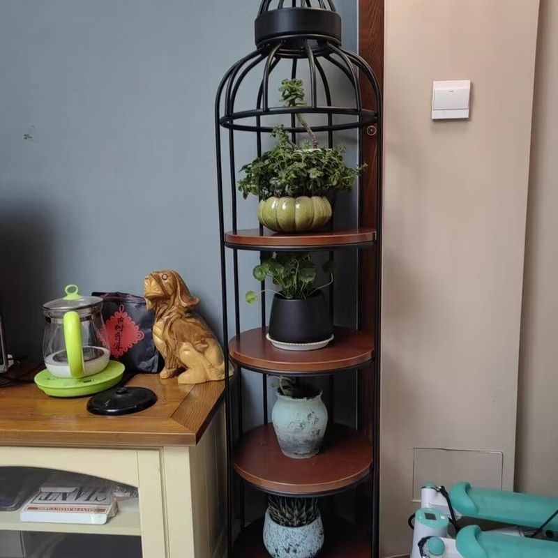 复古铁艺花架圆形展示架鸟笼层架实木多层搁架客厅落地置物架书架