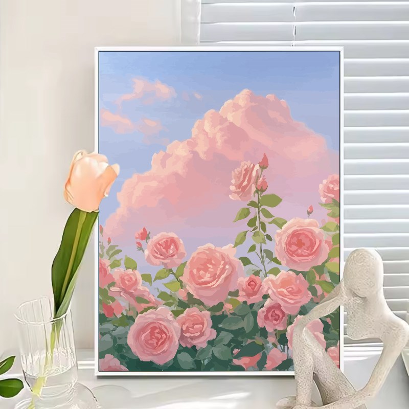 落日玫瑰数字油画diy丙烯填充填色手绘画画手工风景卧室装饰挂画图片