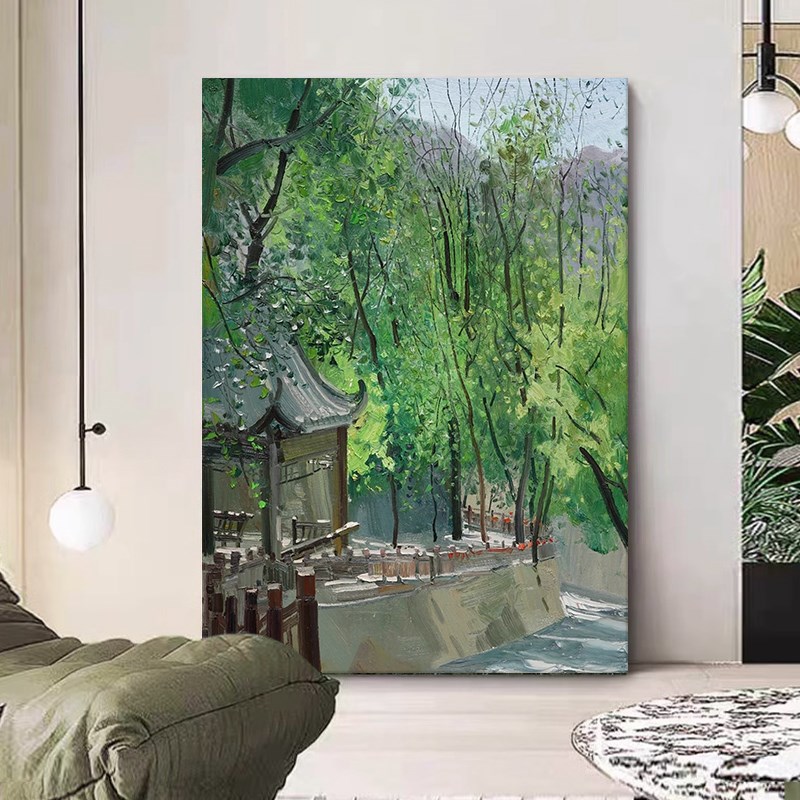 抽象绿色树林风景纯手绘油画竖版客厅肌理装饰画印象派玄关挂画图片