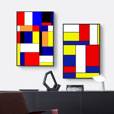 蒙德里安装饰画抽象格子红黄蓝挂画世界名画艺术Mondrian海报壁画