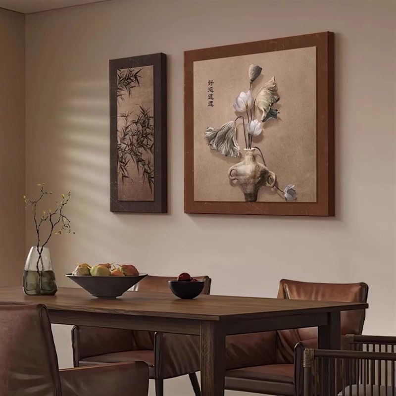 复古餐厅中古风装饰画饭厅餐桌背景墙竹子荷花茶室双联复古挂壁画图片