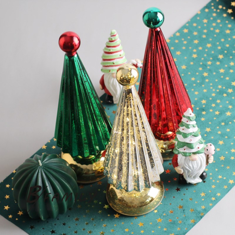 圣诞装饰品红绿金色斑驳玻璃圣诞树摆件夜灯节日氛围桌面店铺软装
