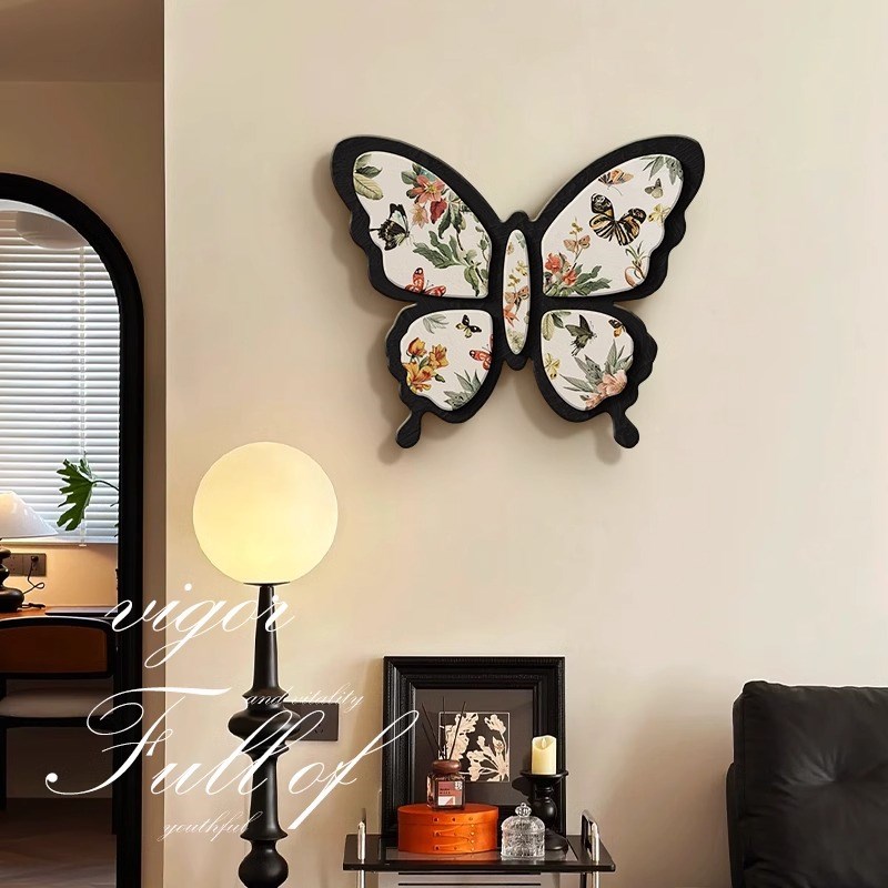 法式中古风客厅装饰画电视沙发背景墙挂画蝴蝶带灯餐厅壁画